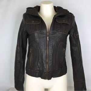 Y2K Miss Sixty Faux Leather Jacket Brown Bomber Moto Hooded Faux Fur Size Small